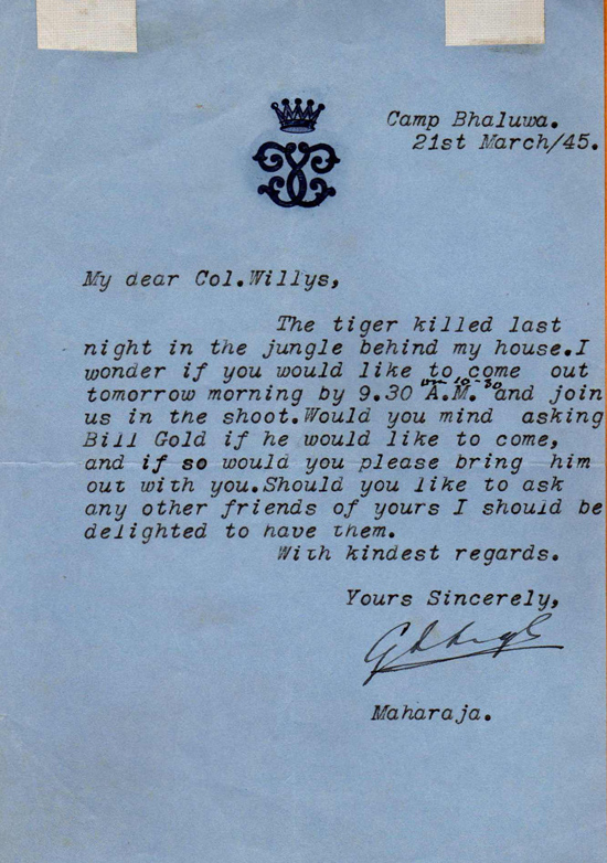Maharaja's Invitation Letter, March 17, 1945